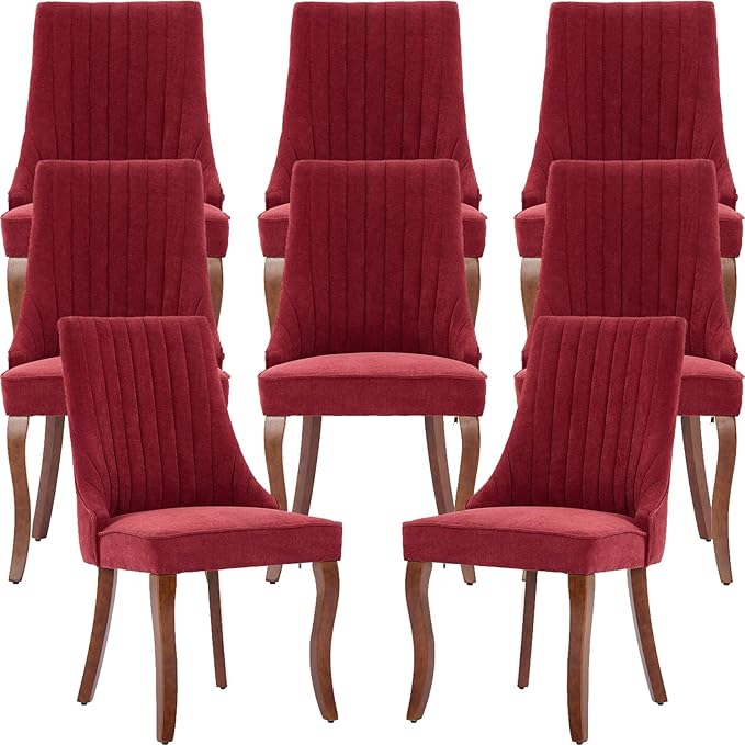 Burgundy Mid Century Dining Chairs Set of 8, Modern Kitchen & Dining Room Chairs Set of 8, Linen Upholstered Kitchen Chairs, Sillas de Comedor, Wood Legs (Wine Red, 8 Pcs)