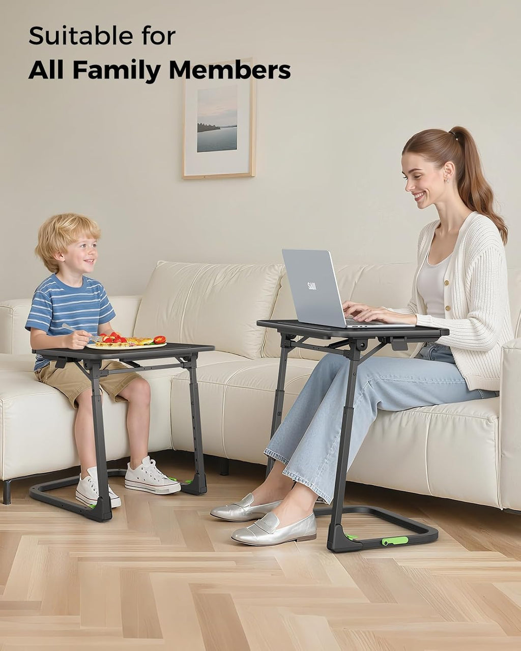 SAIJI Easy Folding TV Tray Table Adjustable TV Dinner Tray | No Assembly Required, Leather Surface, Metal Frame, Extra Large, Sturdy and Stable, for Laptops and Eating on Couch & Bed