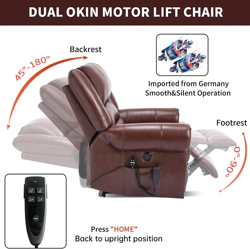 Genuine Leather Power Lift Recliner Chair, Lazy Boy Recliner Chair with Charging Ports for Living Room Theater Seating, Electric Single Sofa with Round Armrest, Red