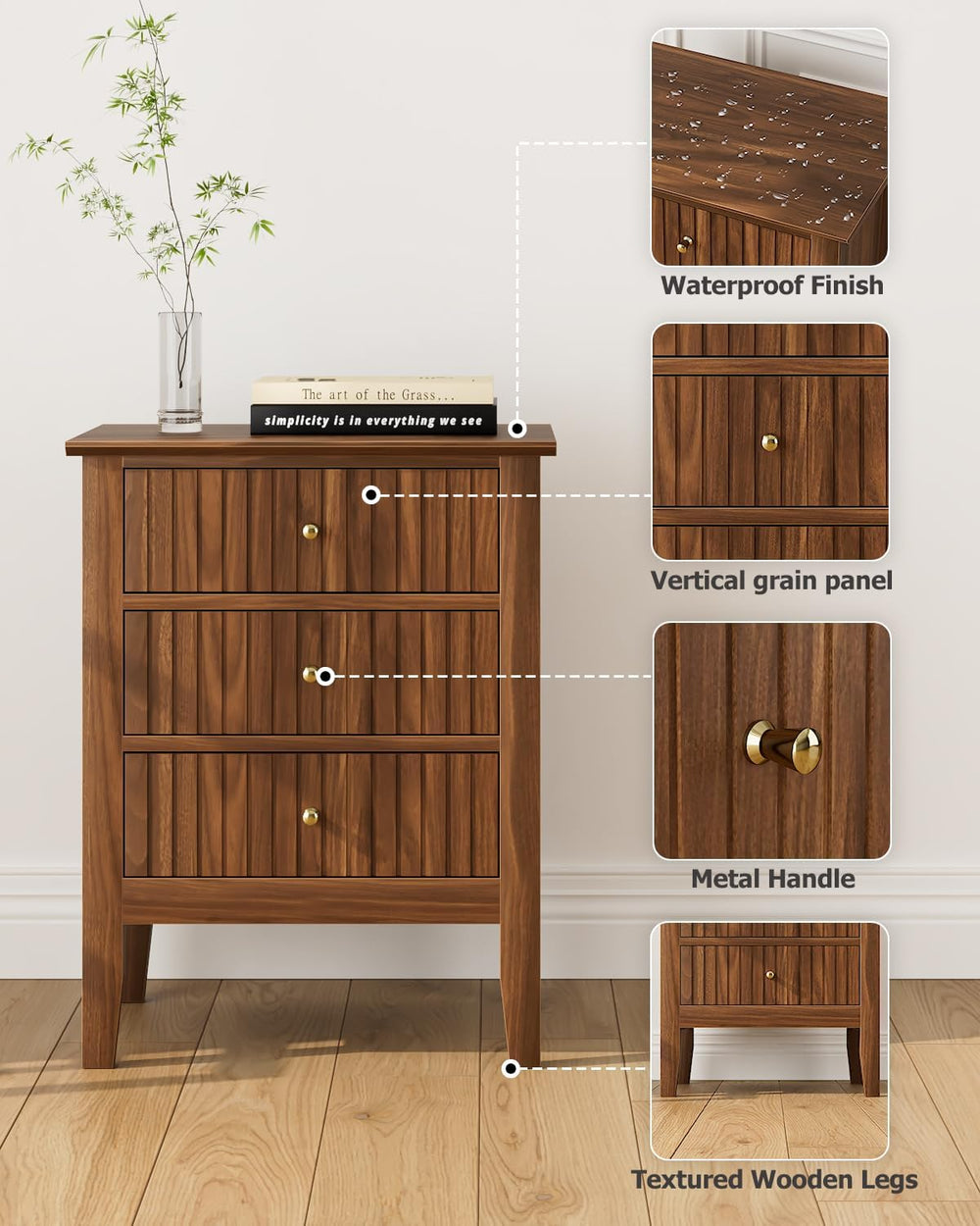 Night Stand, Fluted Nightstand Bedside Tall Farmhouse Nightstand with 3 Drawe...