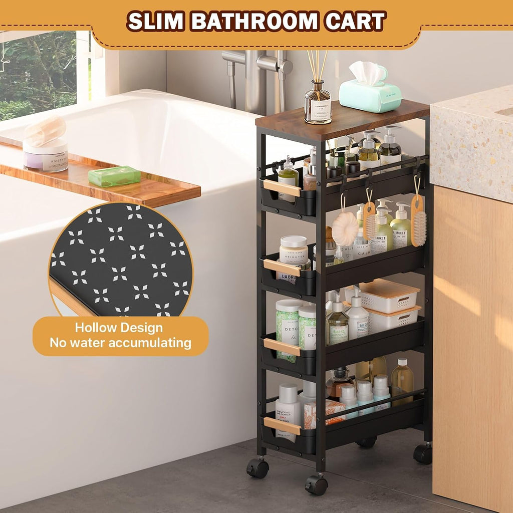 SUNALLY Slim Storage Cart with Pull-Out Baskets, 5-Tier Rolling Kitchen Cart with Wooden Top & Lockable Wheels, Narrow Space Utility Cart Organizer for Kitchen, Bathroom, Laundry Room, Black