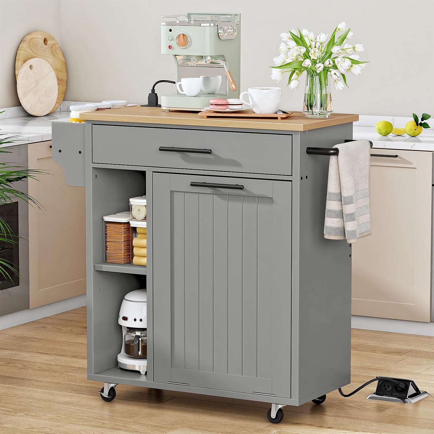 HOOBRO Kitchen Island with Trash Can Storage, Rolling Kitchen Island on Wheels, Mobile Island Cart with Power Outlet, Islands Table for 10 Gallon Garbage Bin, White and Grey GN80UZD01G1