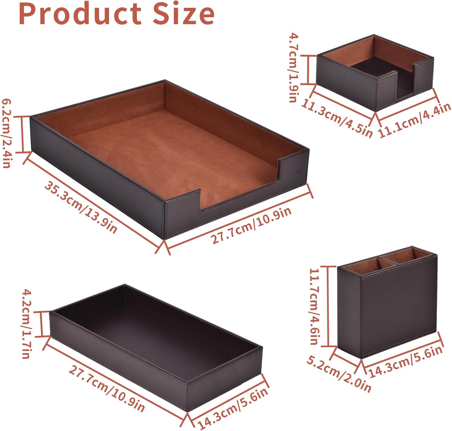 4 Pack Leather Office Supplies/Desk Organizer for Letter Paper Tray,Sticky Note Holder,Pen Cup,Stackable Small Letter Mail Sorter Tray,Workspace Decor for Women Men (Brown, 4-piece set)