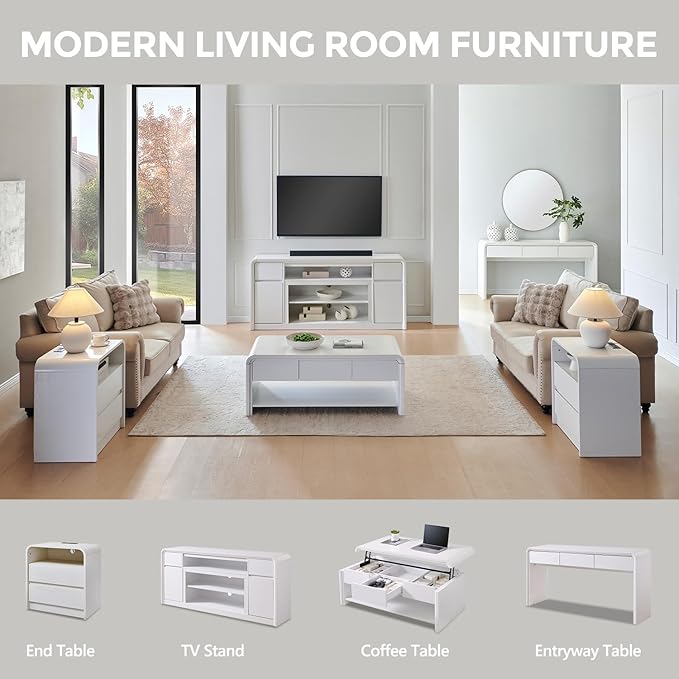 Modern TV Stand for 80 Inch TVs, 32"Tall Entertainment Center w/Storage Cabinet& drawers, Media Console Cabinet w/Soundbar & Adjustable Shelves for Living Room, Curved Profile Design, 70 inch (White)