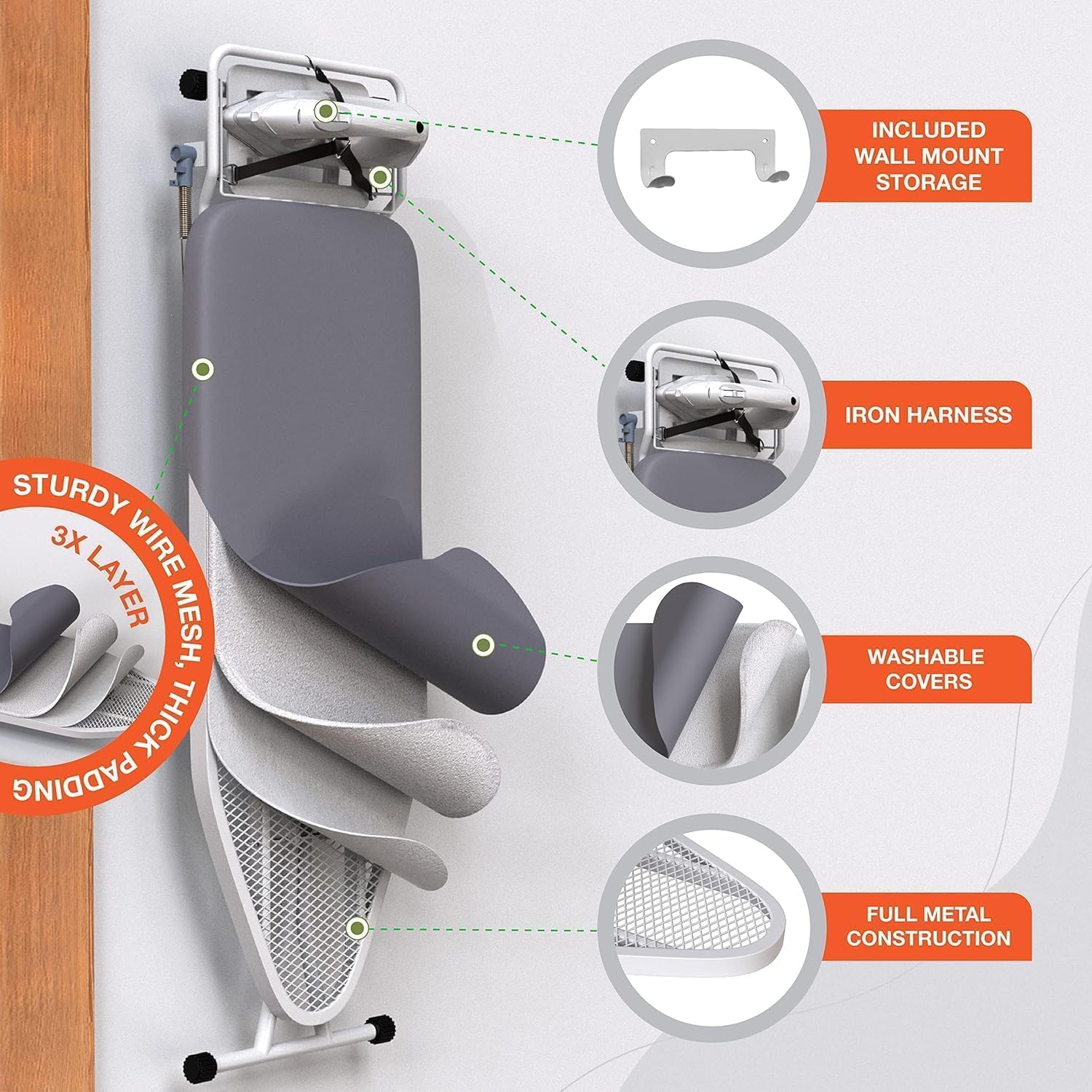 Xabitat Full Size Ironing Board 57" X 13" with Wall Mount Hanger, Full Metal Construction Iron Board, Built in Iron Caddy, Heat & Scorch Resistant Fabric, Cord Holder, Anti-Skid Feet, Heavy Duty