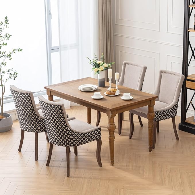 Modern Dining Chairs Set of 4, High Back Dining Chairs Side Chairs with Solid Wood Legs, Upholstered Fabric Dining Room Chairs for Dining Room Kitchen, Beige and Patterned