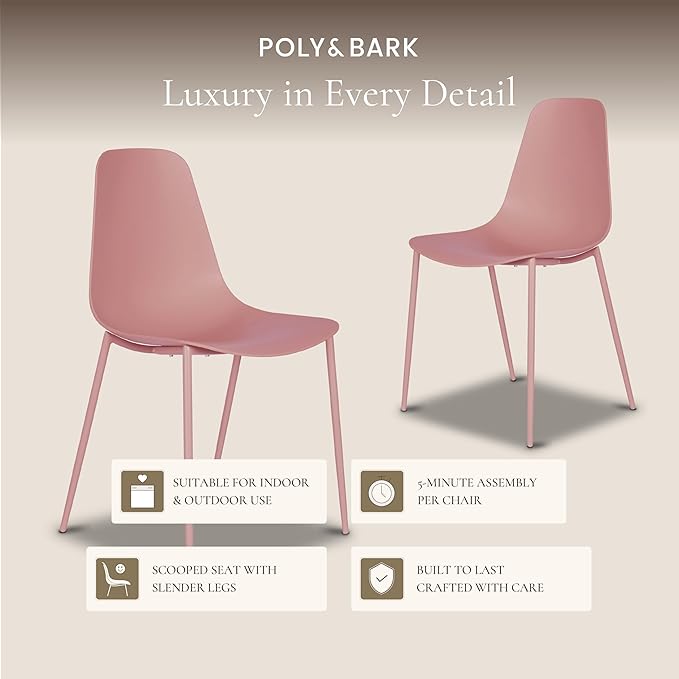 Poly & BARK Isla Modern Kitchen Chairs Set of 4 - Plastic Dining Chair with Metal Legs - Quick Assembly Simple Cafe Chairs Plastic for Indoor or Outdoor - Blush Pink