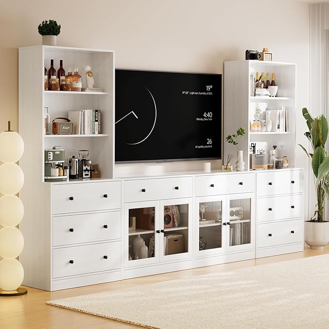 TUSY 71" Large TV Stand Set - TV Entertainment Center for TVs up to 65", Media Center with Tempered Glass Doors and Drawer, TV Hutch with Bookshelves for Living Room (White, BFFB)