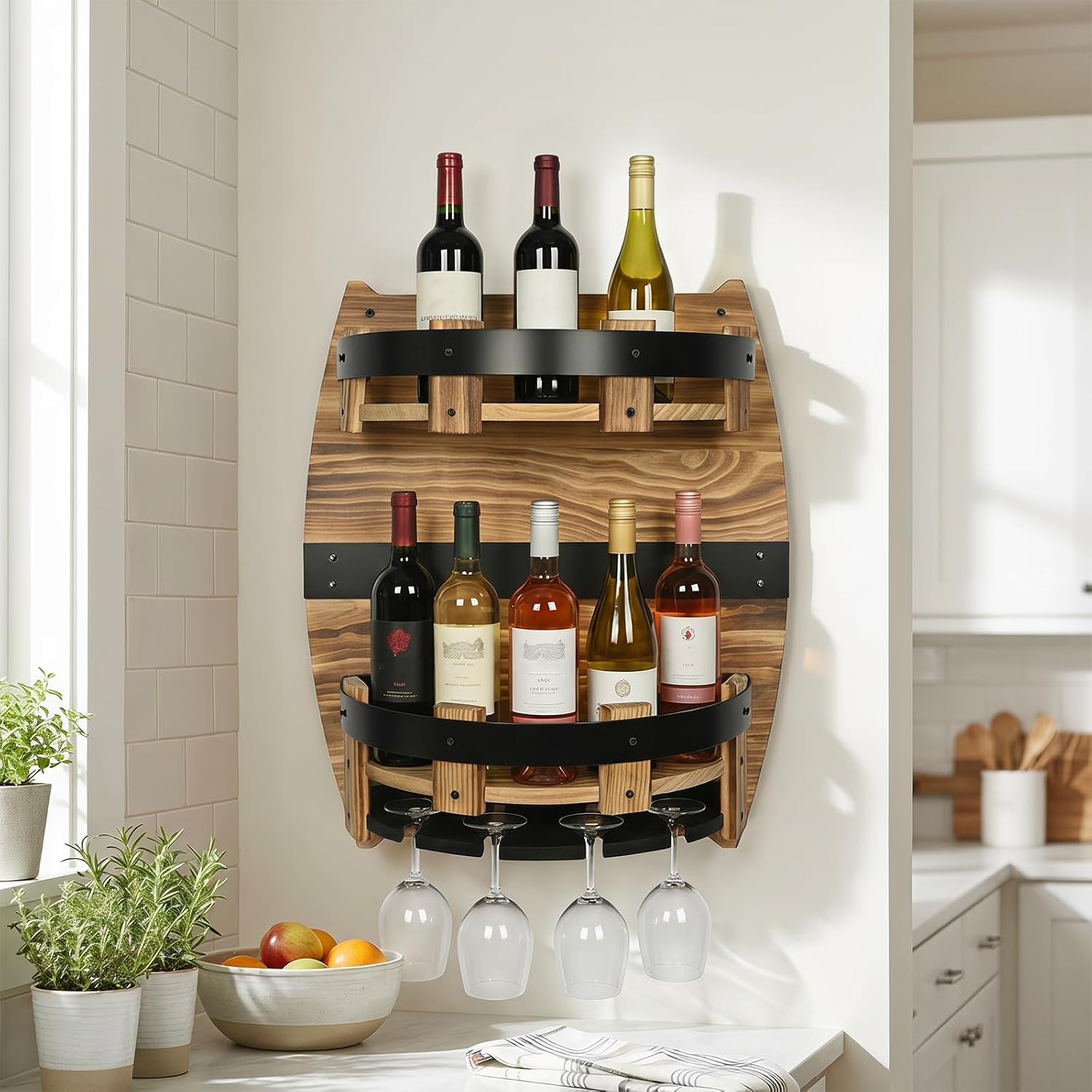 Whiskey Barrel Wall Shelf, Wooden Bourbon Bottle Display Rack | Vintage Handcrafted Wooden Liquor Storage Shelf for Home Bar, Kitchen, Man Cave and Farmhouse Decor