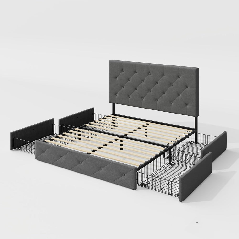 Allewie Queen Size Storage Bed Frame with 4 Underbed Drawers, Light Grey