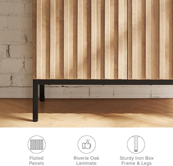 mopio Norwin Storage Cabinet, Sturdy Modern Rustic Industrial Buffet Sideboard, Fluted Accent Storage Cabinets, Credenza, Oak Wood TV Stand, Entertainment Center, Media Console, Living Room (Double)