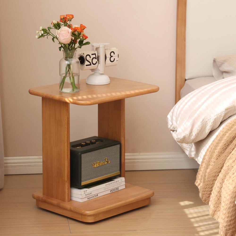 YESWOOD C Shaped End Table, Solid Wood Side Table, Small Rolling Side Table w...