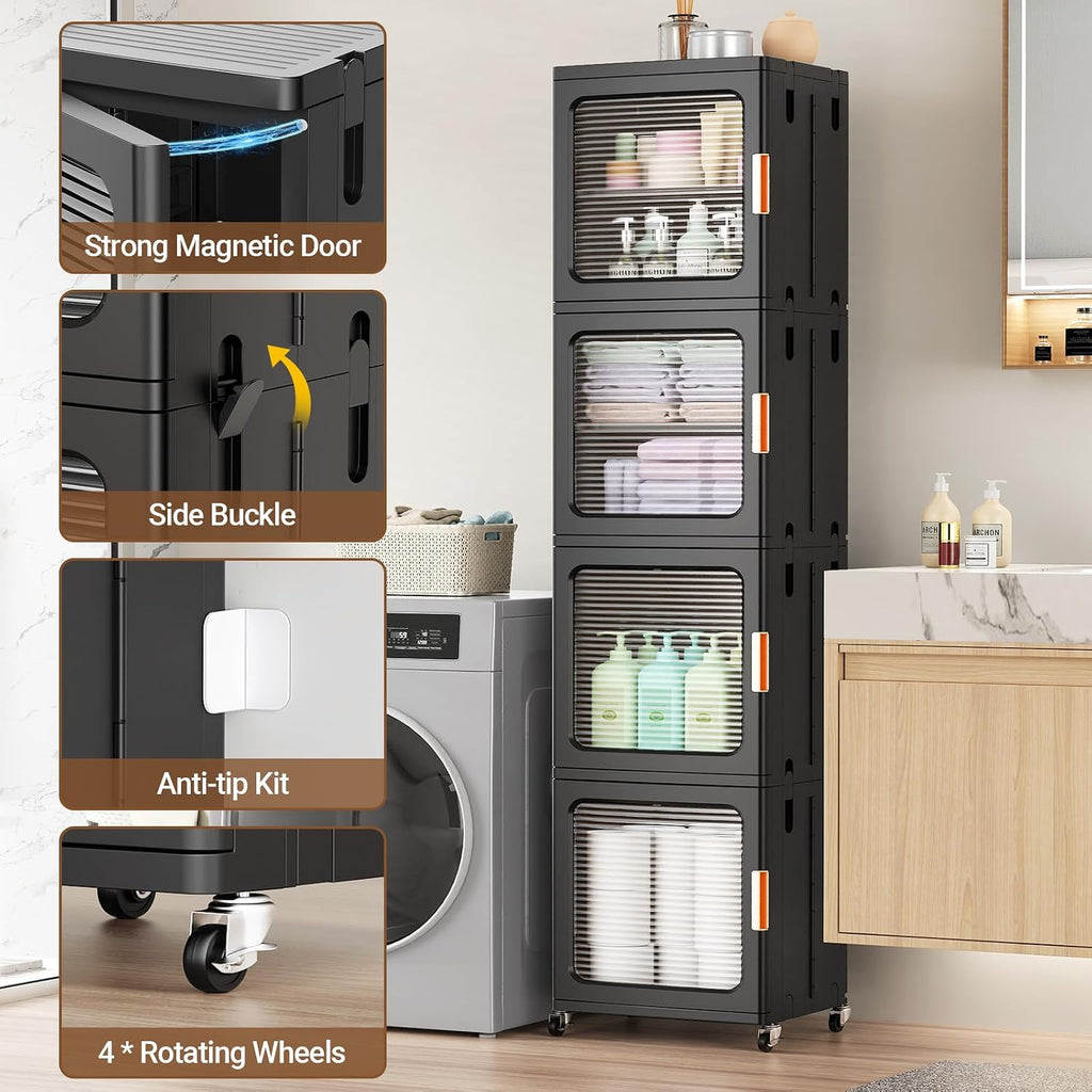 BROVIEW 4-Tier Tall Narrow Storage Cabinet 14.6” Wide, Slim Bathroom Cabinets with Adjustable Shelves and Doors, Plastic Kitchen Pantry Organizers and Storages for Small Space, Laundry, Black