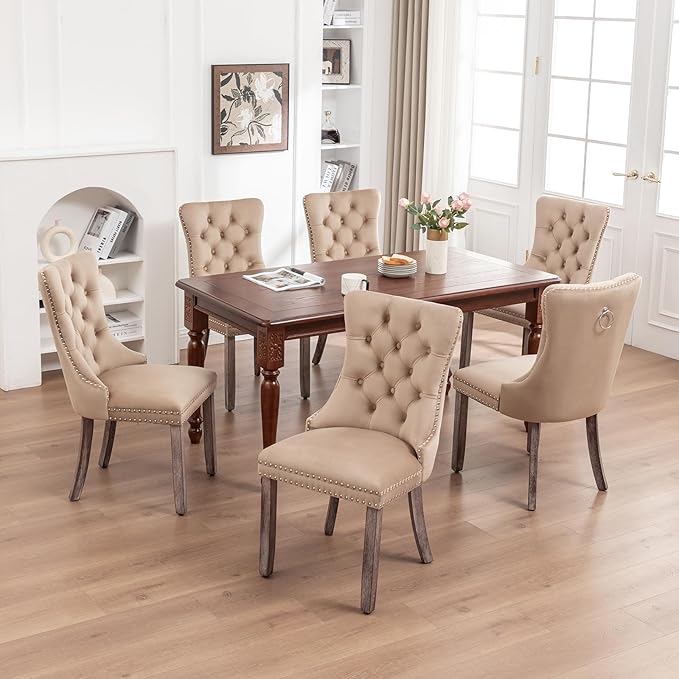 Velvet Dining Chairs Set of 6,Upholstered Dining Chairs with Ring Pull Trim and Button Back,Modern Seating for Kitchen, Bedroom,Living Room,Dining Room(Khaki)