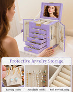 TORIBIO Large Jewelry Box for Women, Leather Jewelry Organizer with Mirror & Lock, 6-Tier Jewelry Storage Case for Girls/Women/Mothers, Necklace Earring Bracelets Holder Organizer