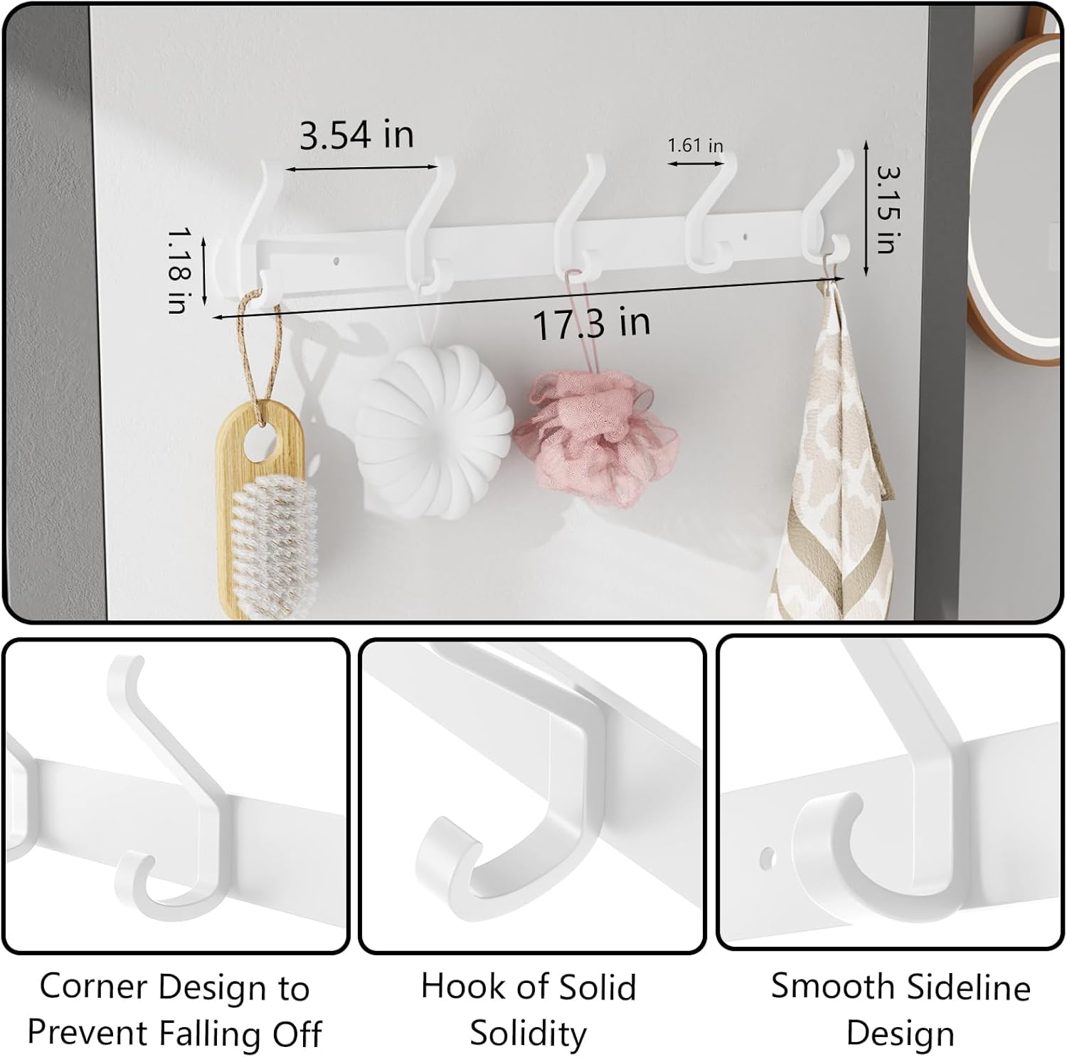 Coat Rack Wall Mount,17.3 in Wall Hooks for Hanging, Coat Hanger Wall Mount Towel Rack Hat Rack for Wall with 5 Hooks for Entryway, Bedroom, Bathroom (White,5Hooks-2Pack)