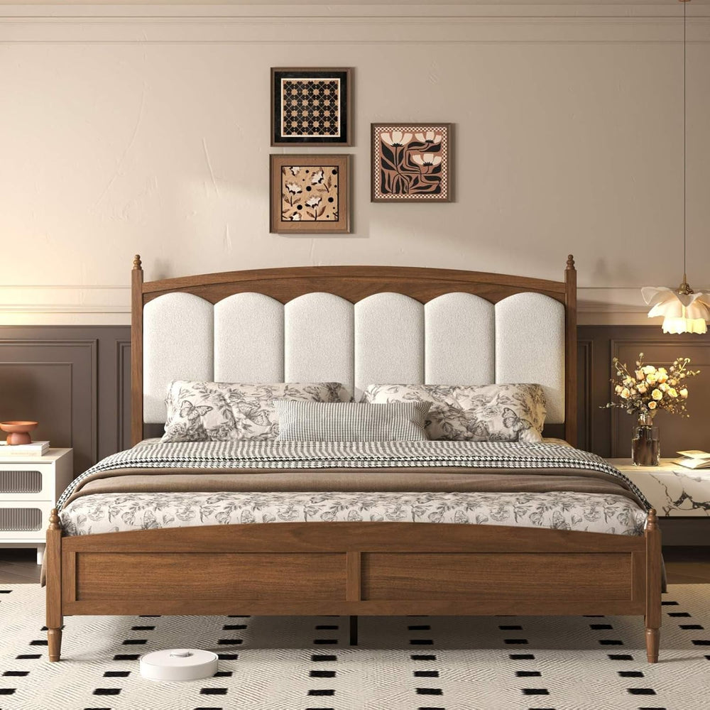 Queen Bed Frame Upholstered Headboard Farmhouse Platform No Box Spring