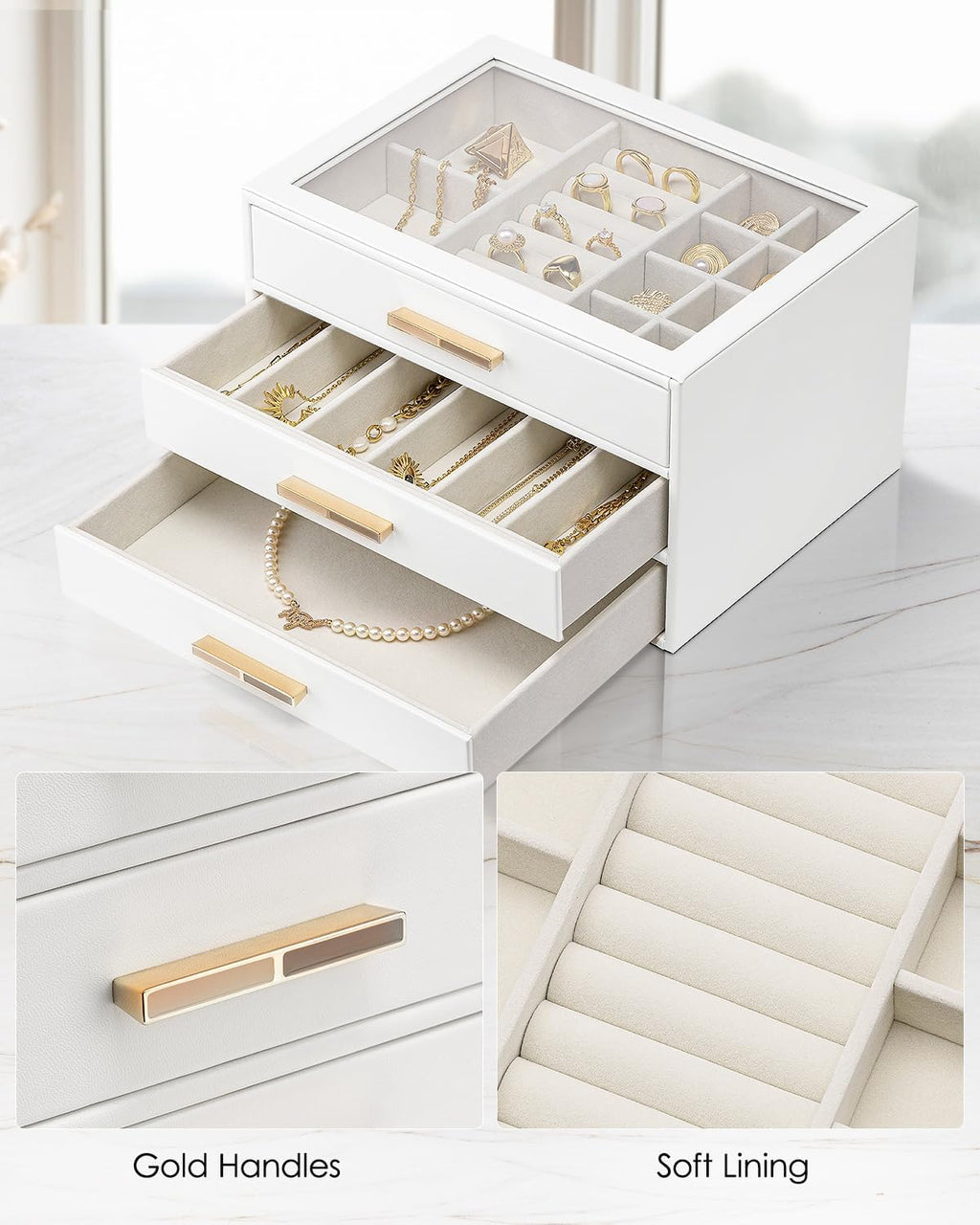 VLANDO Jewelry Box for Women, Glass Lid Jewelry Organizer with 3 Drawers for Necklaces Rings Earrings Bracelets Christmas Gift - White
