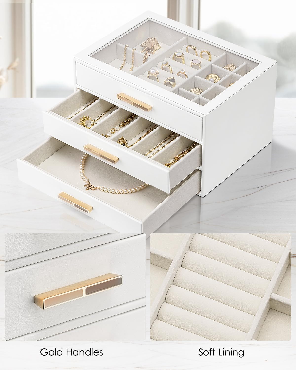 VLANDO Jewelry Box for Women, Glass Lid Jewelry Organizer with 3 Drawers for Necklaces Rings Earrings Bracelets Christmas Gift - White