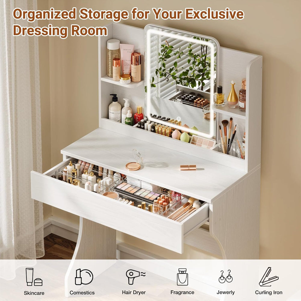 Driftalia White Small Vanity Desk with Mirror and 3 Color Adjustable Lights |...