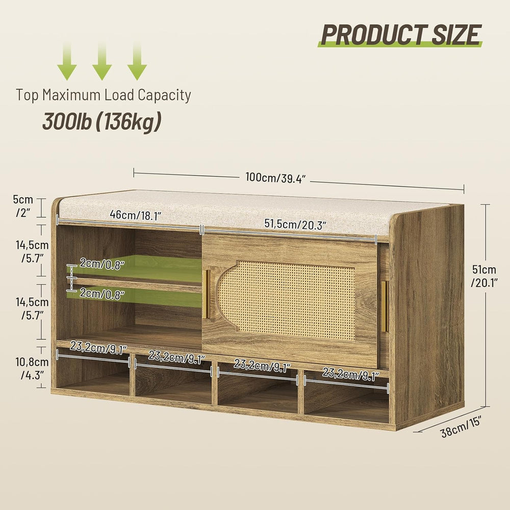 Shoe Storage Bench, 39.4" Entryway Bench with Linen Seat Cushion, 3-Tier...