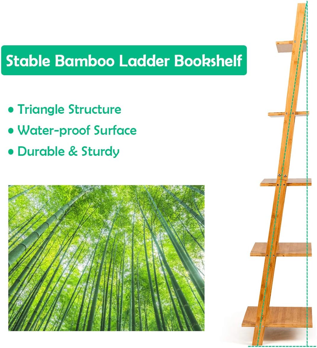 Tangkula Bamboo 5-Tier Ladder Shelf Bookshelf, Wall-Leaning Bookshelf, Plant Flower Stand, Storage Display Shelves for Living Room Bathroom Office, Multifunctional Ladder Bookcase (Natural)