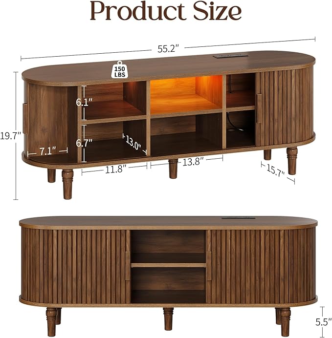 TV Console with Power Outlet-55 Entertainment Center with Sliding Tambour Door, Modern TV Stands for Living Room Bedroom, LED Media Stand with Storage Cabinet and Adjustable Shelves, Walnut