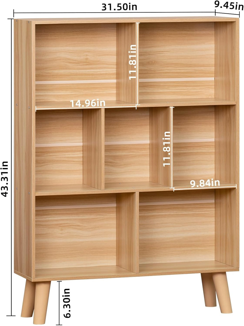 LEYAOYAO Wooden 7 Cube Book Shelf, Natural 3 Tier Bookshelf with Legs, Modern...