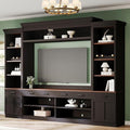 Farmhouse 4-Piece Entertainment Center with Bookshelf for TVs Up to 70", TV Stand with Adjustable Shelves, Mid-Century Media Console with Wine Rack for Living Room (Black+Dark Walnut1)