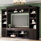 Farmhouse 4-Piece Entertainment Center with Bookshelf for TVs Up to 70", TV Stand with Adjustable Shelves, Mid-Century Media Console with Wine Rack for Living Room (Black+Dark Walnut1)
