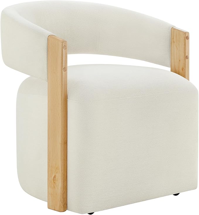 Upholstered Dining Chair Set of 1, Barrel Modern Dining Room Chair with Casters, Kitchen Side Wooden Armchair with Fabric Cushion Seat for Bedroom, Livingroom, Reading Room, Beige, 1 Box