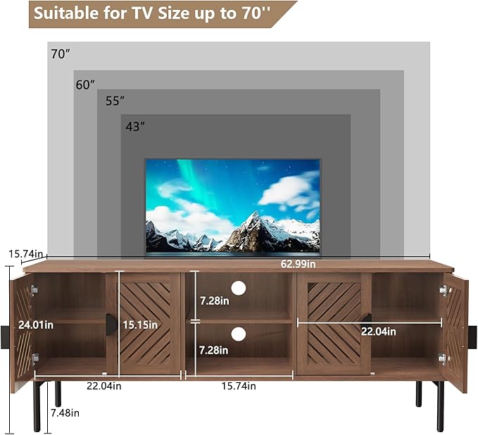 ARTPOWER 63" Modern TV Stands for Living Room, Long Entertainment Center with Storage, TV Console for 55 60 65 70 Inch TV, Bedroom TV Cabinet with Doors, Wood Media Console, Television Stand, Brown