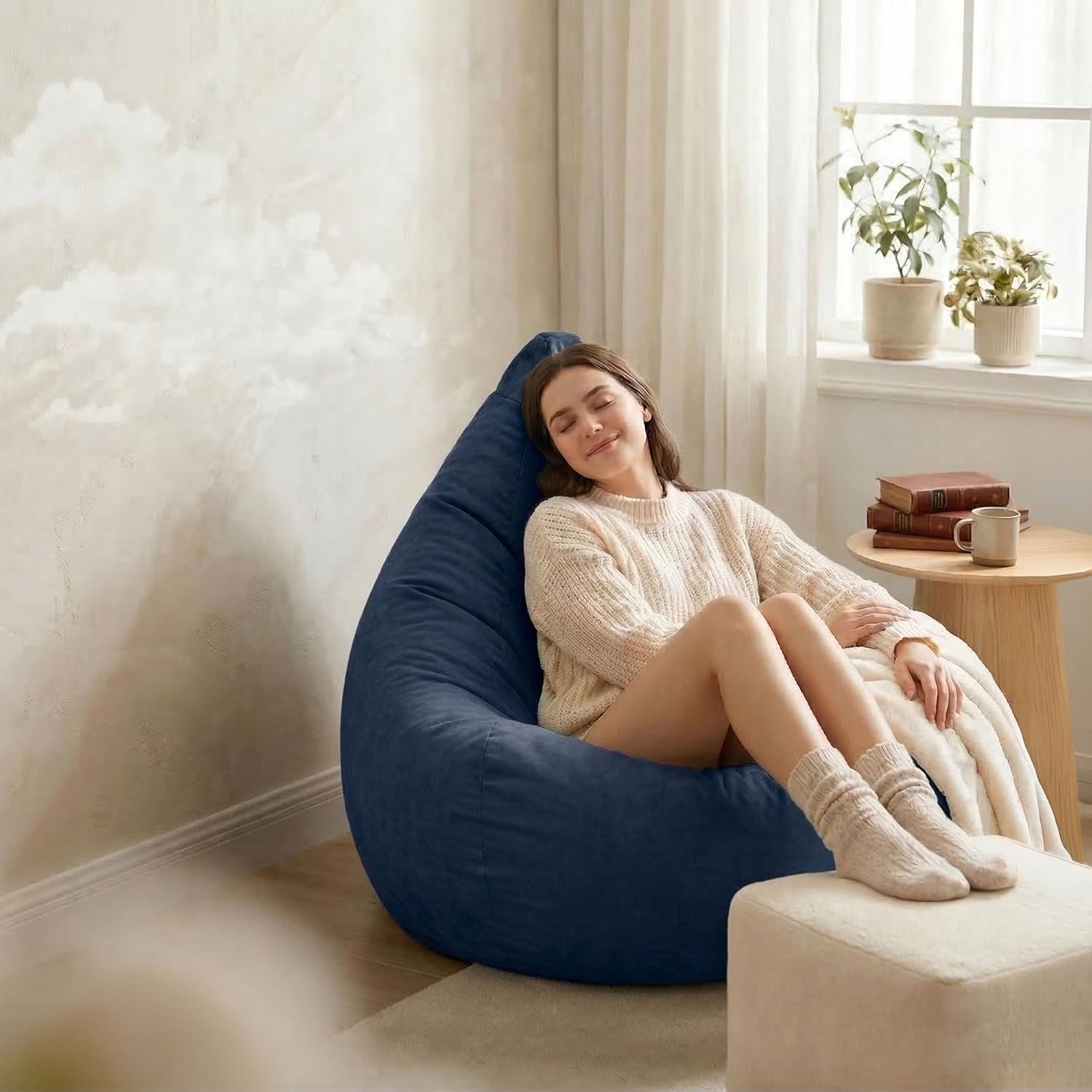 Gouchee Home Easy Collection Contemporary Polyester Upholstered Oversized Bean Bag Chair, Light Blue, x-large