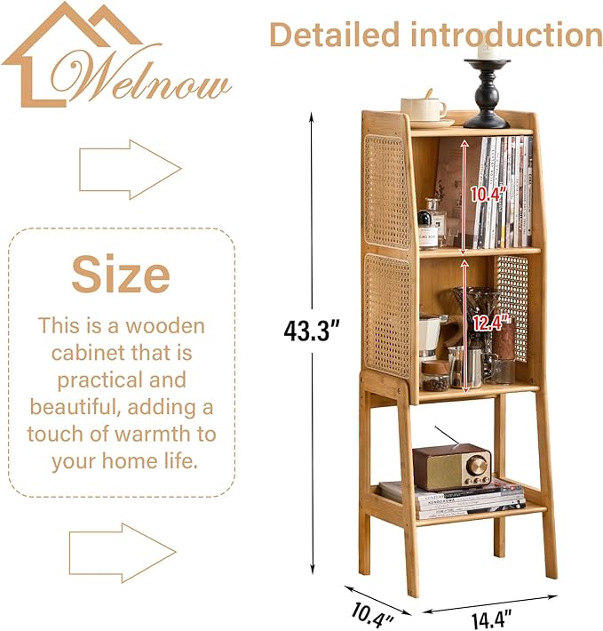 Welnow Bamboo Rattan Bookcase with Cabinet, 2-Tier Storage Shelf with Side Table & End Table Function, Large Modern Wood Organizer for Living Room or Bedroom, Natural Bookshelf