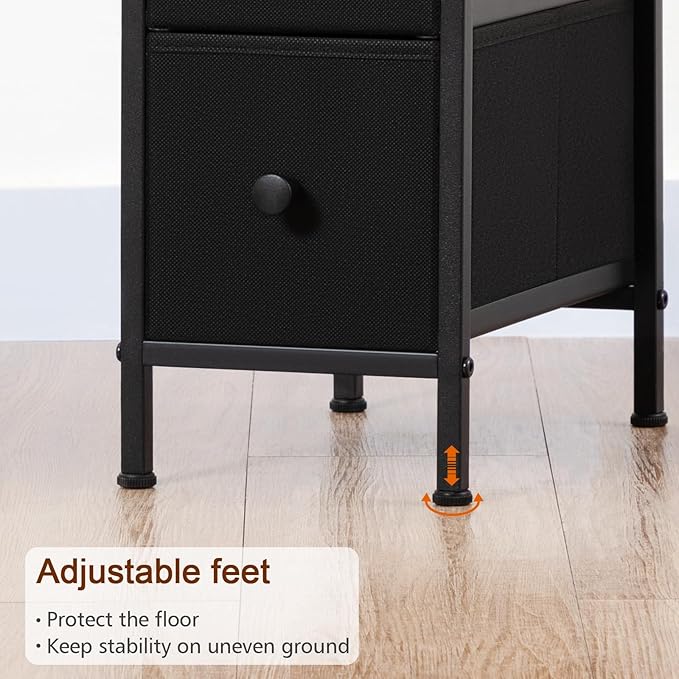 Narrow End Tables Living Room Set of 2 with Charging Station, Skinny Side Table with Fabric Drawers, Slim Nightstand for Bedroom, Small Spaces, Couch, Black, HETNDP02BK