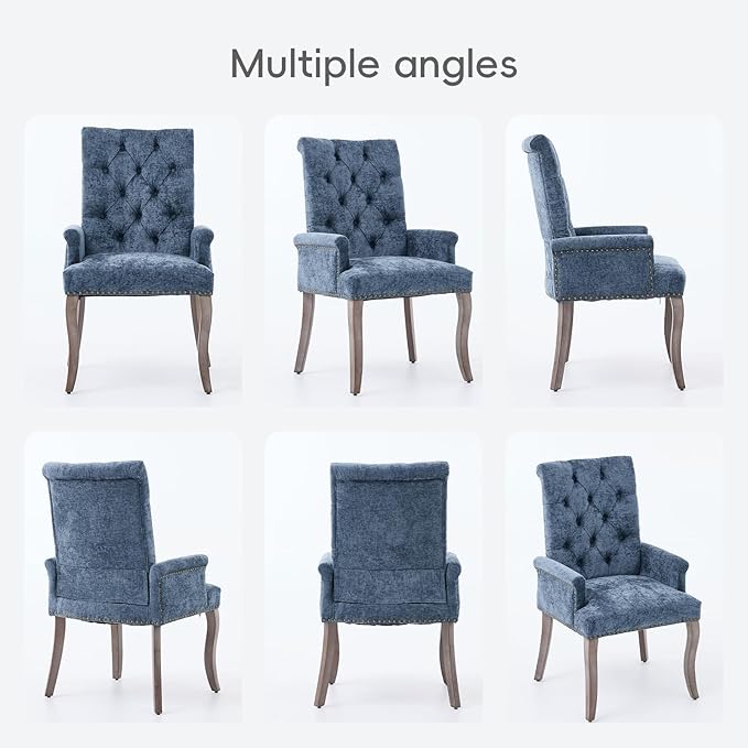 Upholstered Tufted Chenille Dining Chairs with Arms & Nailhead Trim – Sol...