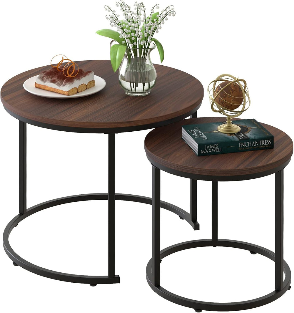 aboxoo Coffee Table Nesting Side Round Set of 2 End Table Top Sturdy Metal Fr...