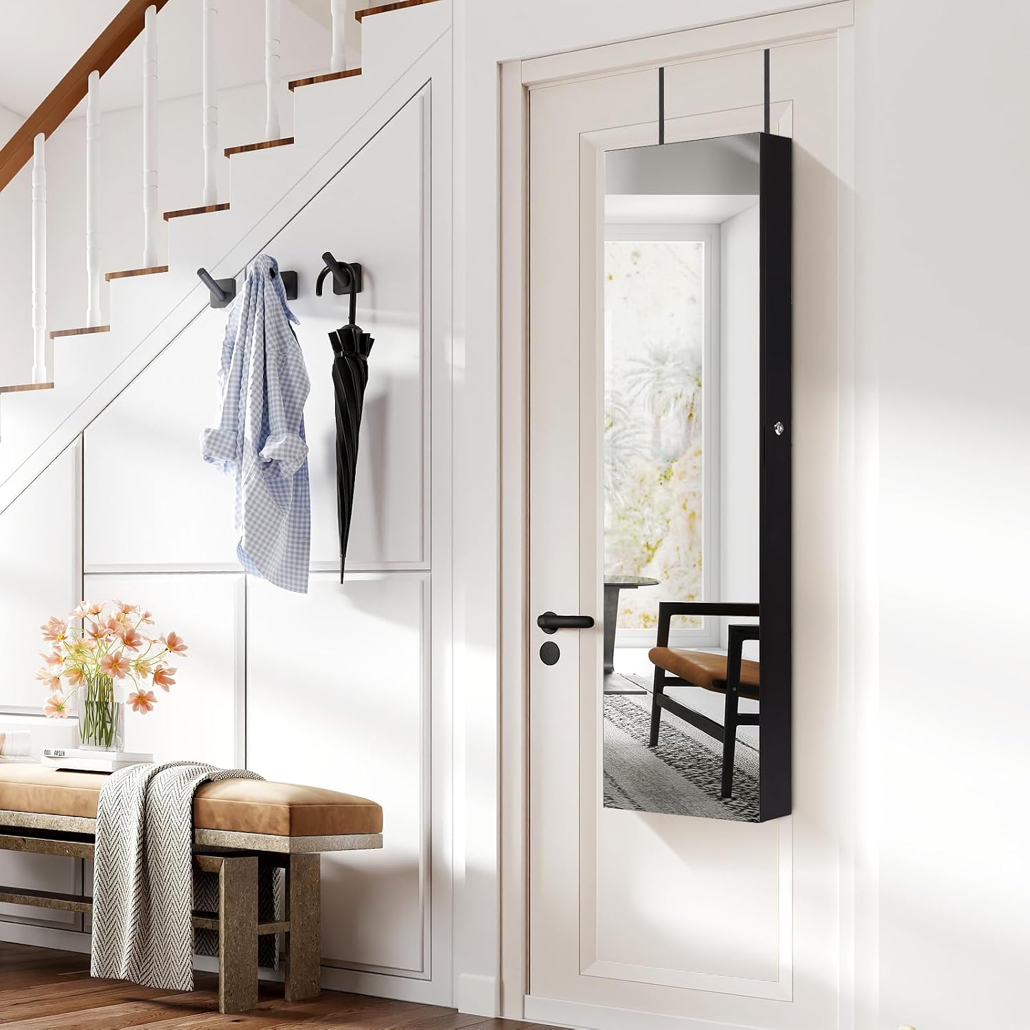 COSTWAY Wall Mounted Jewelry Armoire with Full Length Mirror & 2 LED Lights, Large Storage Capacity, Lockable Mirror Jewelry Cabinet for Women Girls (Black)