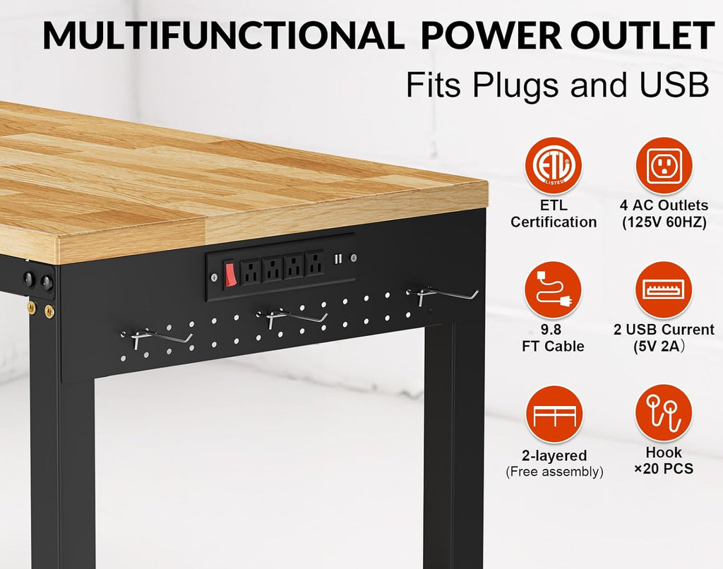 84” Heavy Duty Work Bench, 2-Layer Adjustable Workbench, 5000 LBS Capacity Work Bench with Power Outlet & Pegboard, Rubber Wood Work Table for Garage, Workshop, Office, Home