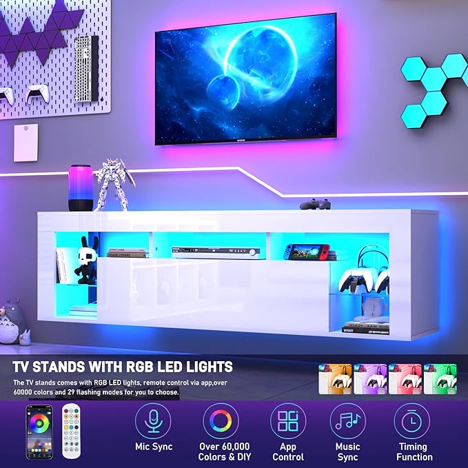 63" Floating High Gloss LED TV Stand for 75" TVs, Wall-Mounted Entertainment Center, Modern Media Console with Open Adjustable Glass Shelf and Hidden Storage Cabinet, White