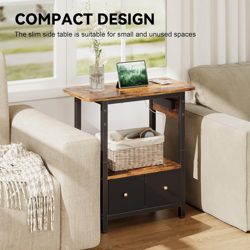 HLDIRECT 24" W End Table with Charging Station & USB Ports (Rustic B...