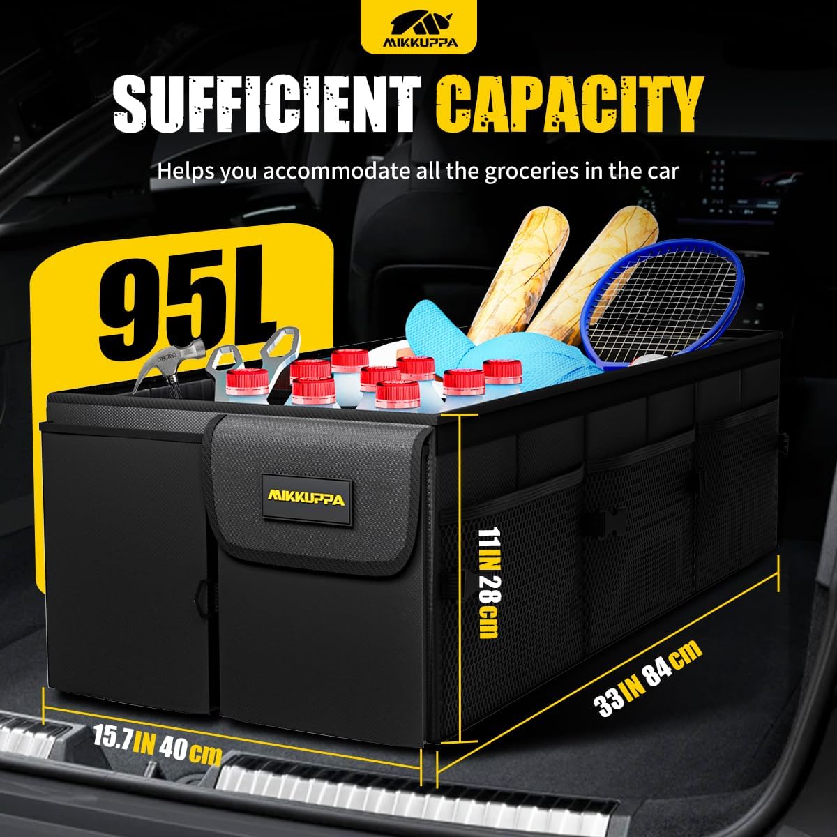 MIKKUPPA Car Trunk Organizer with Cooler - 95L Collapsible Trunk Organizer with Lid, Trunk Storage Organizers for SUV Truck Van with Adjustable Straps and Non Slip Bottom (Black, X-Large with Cooler)