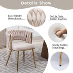 KCC Modern Velvet Dining Chairs Set of 6, Upholstered Living Room Chair with Woven Back and Golden Metal Legs, Mid-Century Accent Side Chair for Dining Room, Kitchen,Beige