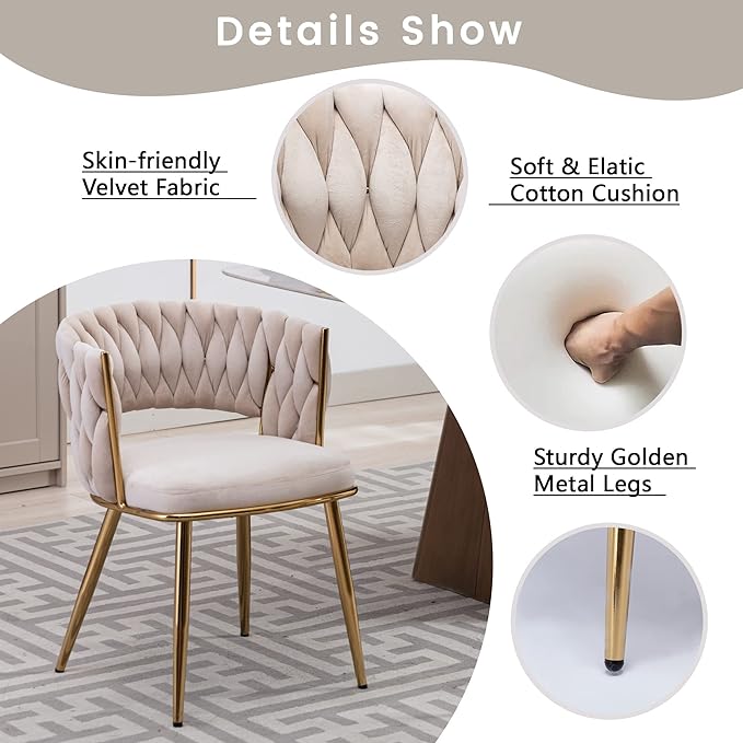 KCC Modern Velvet Dining Chairs Set of 4, Upholstered Living Room Chair with Woven Back and Golden Metal Legs, Mid-Century Accent Side Chair for Dining Room, Kitchen, Beige