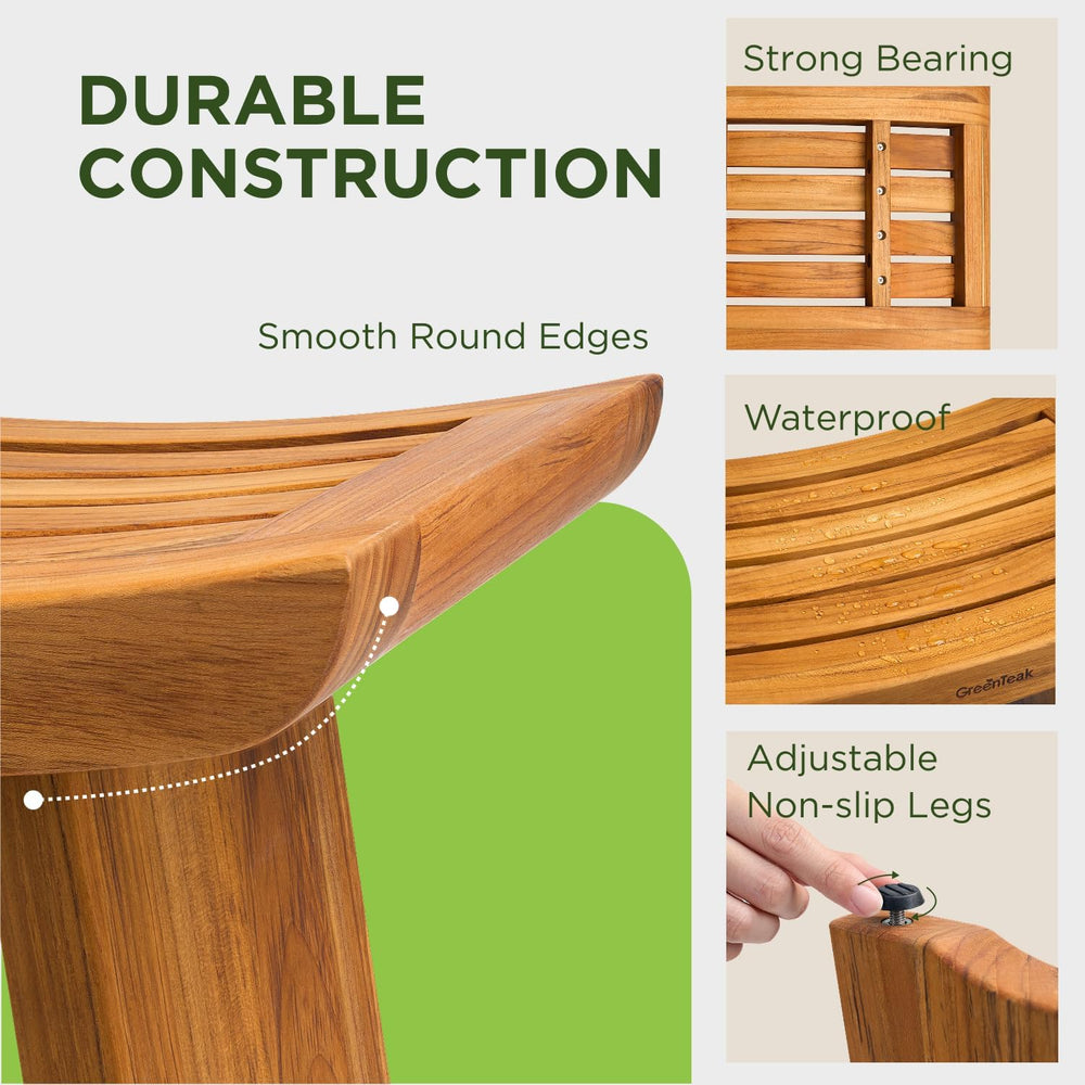 Premium 18" Teak Shower Stool, Non-Slip Safety, 1-Tier Curved