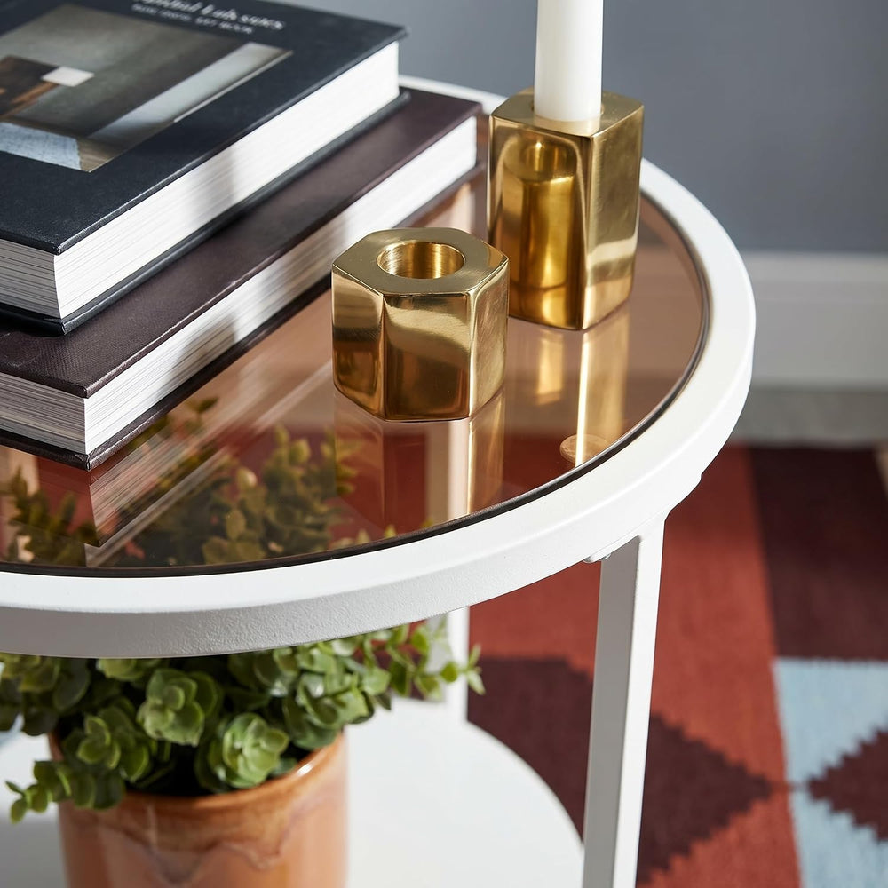 2 Tier Round Side Table with Tempered Amber Glass Top, White Metal End Table ...