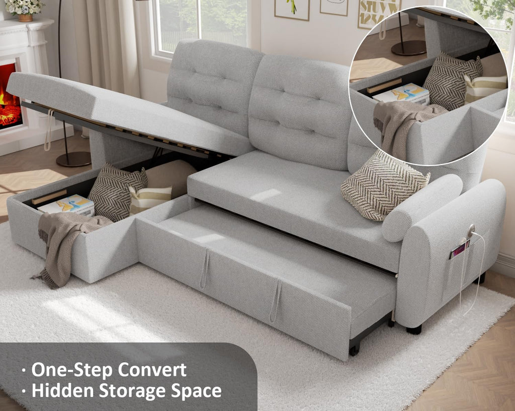 86" Sleeper Sofa Bed, Pull Out Couch Bed with Reversible Storage Chaise, Sectional Couches for Living Room with Side Pocket | Charging Station | Removable Backrest | Prime Linen, Light FGrey