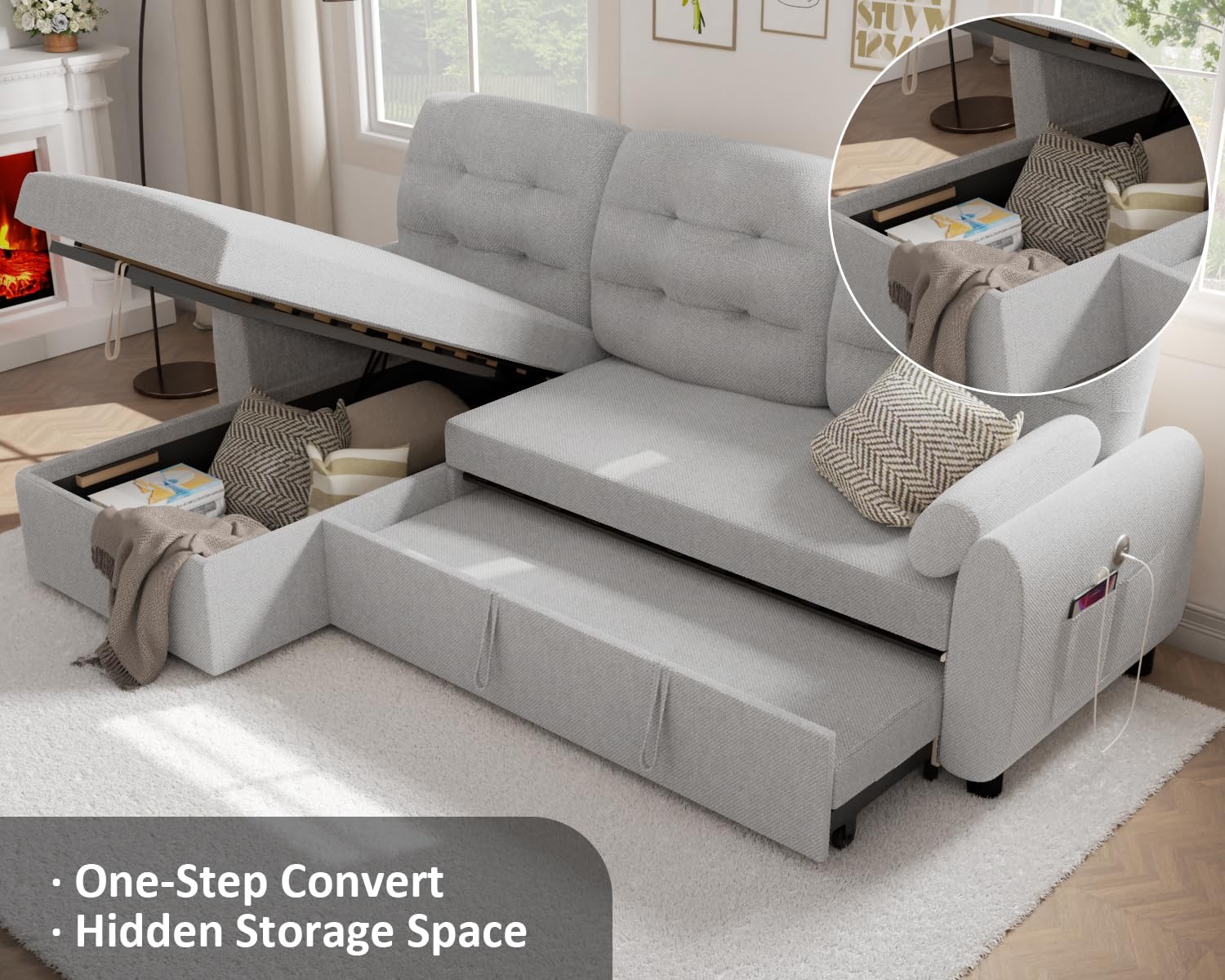 86" Sleeper Sofa Bed, Pull Out Couch Bed with Reversible Storage Chaise, Sectional Couches for Living Room with Side Pocket | Charging Station | Removable Backrest | Prime Linen, Light FGrey