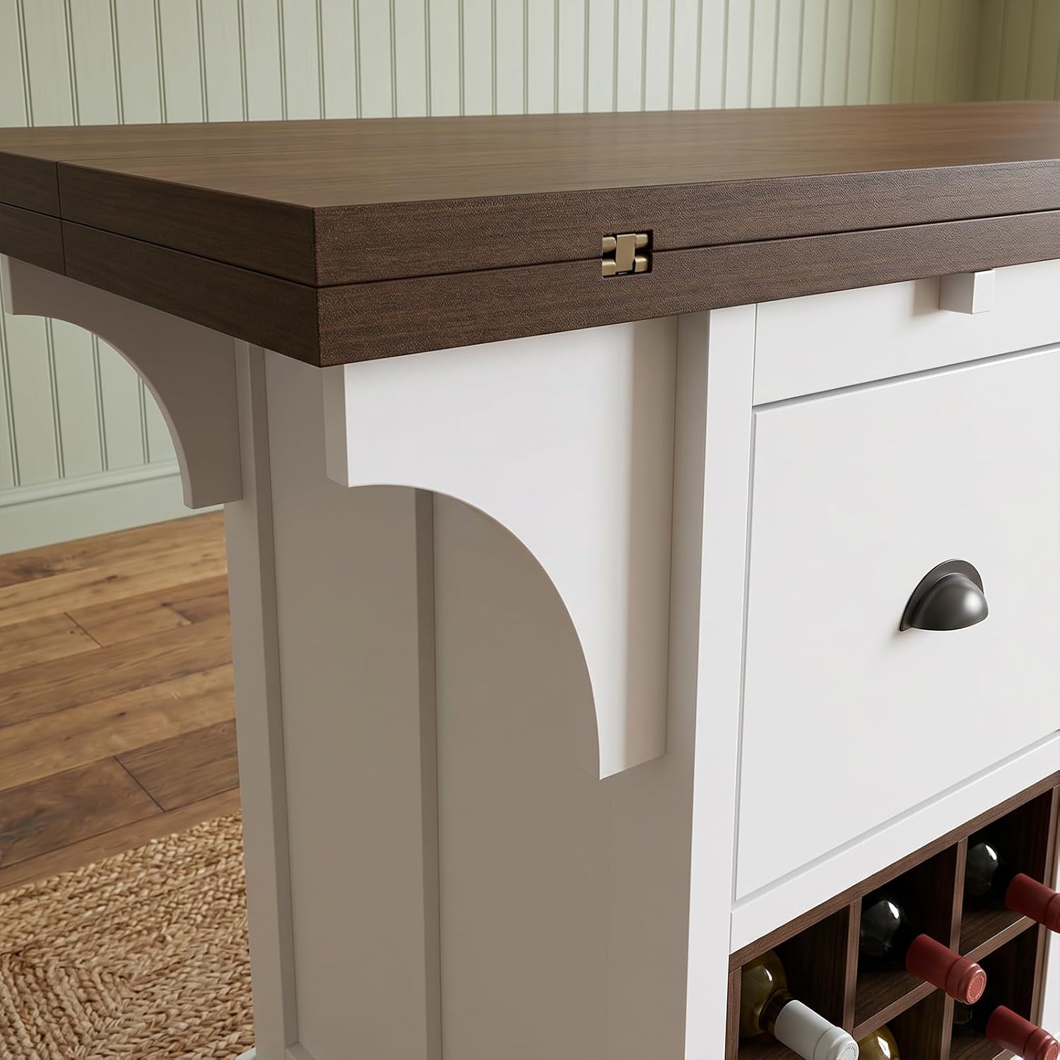 ECACAD 70.9" W Kitchen Island with Folding Drop Leaf, Extendable Stationary Storage Island with Wine Racks & 7 Drawers, Kitchen Prep Table with Wood Grain Tabletop for Dining Room, White & Brown
