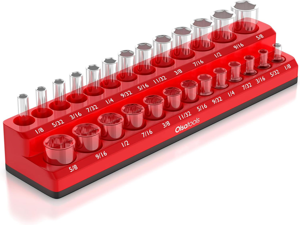 Olsa Tools Magnetic Socket Organizer | 1/4-inch Drive | SAE | RED | Holds 26 Sockets | Professional Quality Tools Organizer